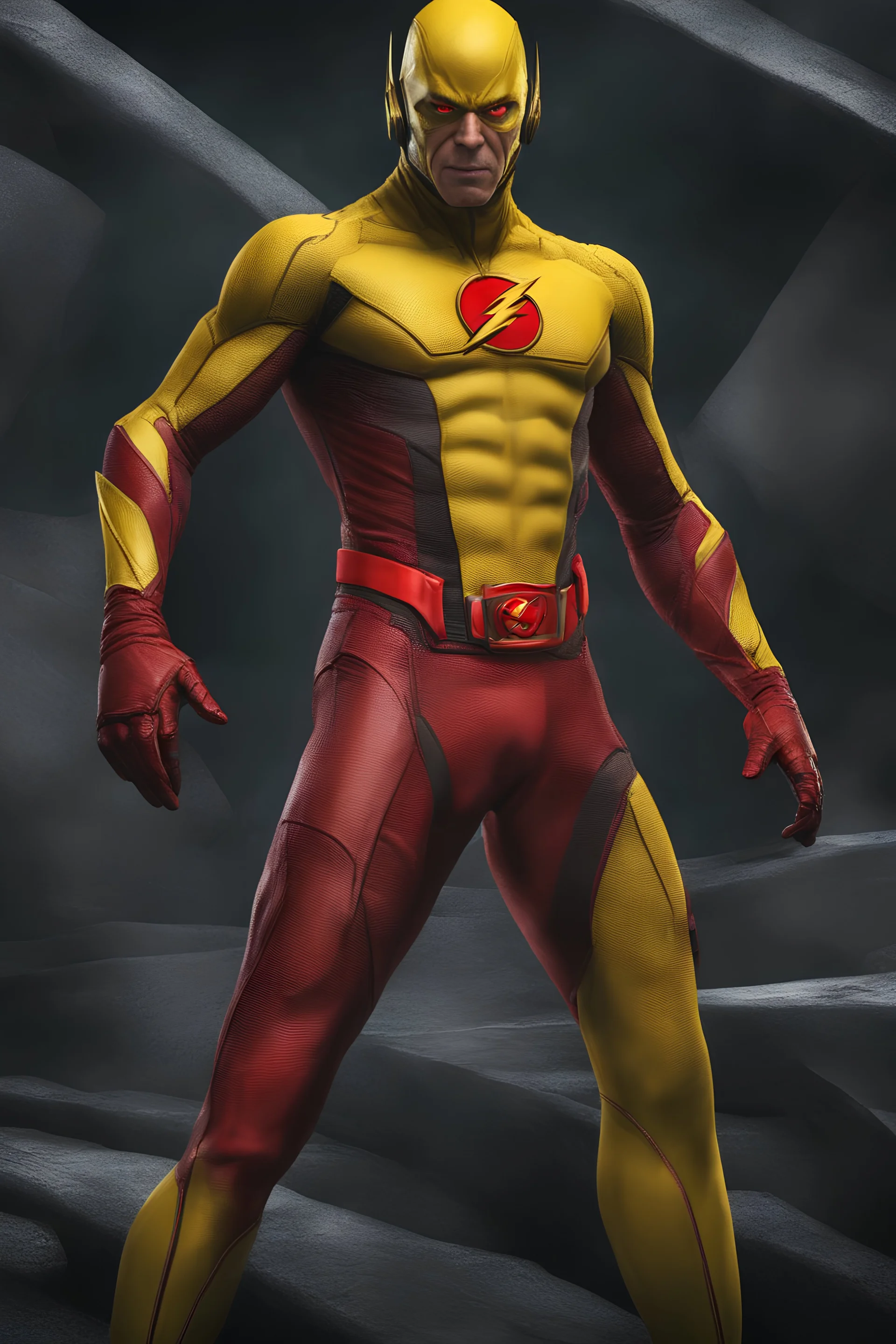 the Reverse Flash with yellow Flash suit, red boots, red belt, red wrist gauntlets, reversed red and black chest logo, extremely exaggerated muscular stature, posing for the cameras, Professional Quality 35mm Photograph, 4k UHD, hyper-realistic, Photorealistic, extremely detailed, High resolution