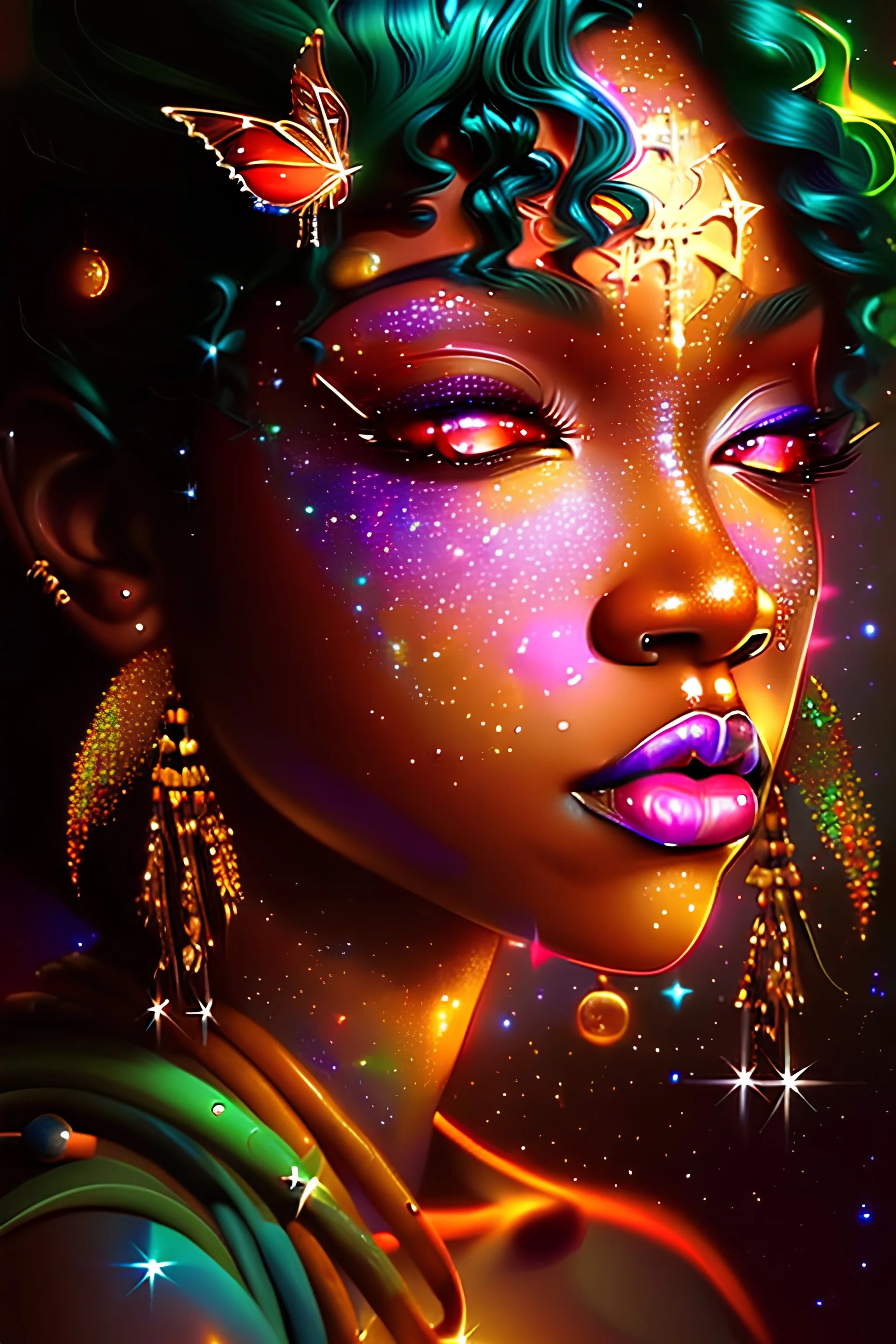 extremely beautiful art, cosmic, highly creative, rich colors, cinematic light, amazing details black woman