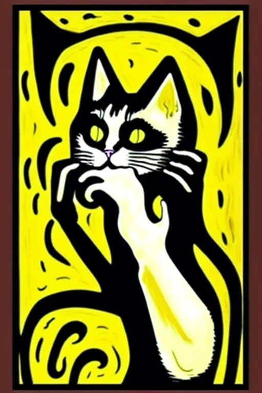 Cat holding her head with her hands. The scream Edvard Munch. Painting style of Edvard Munch