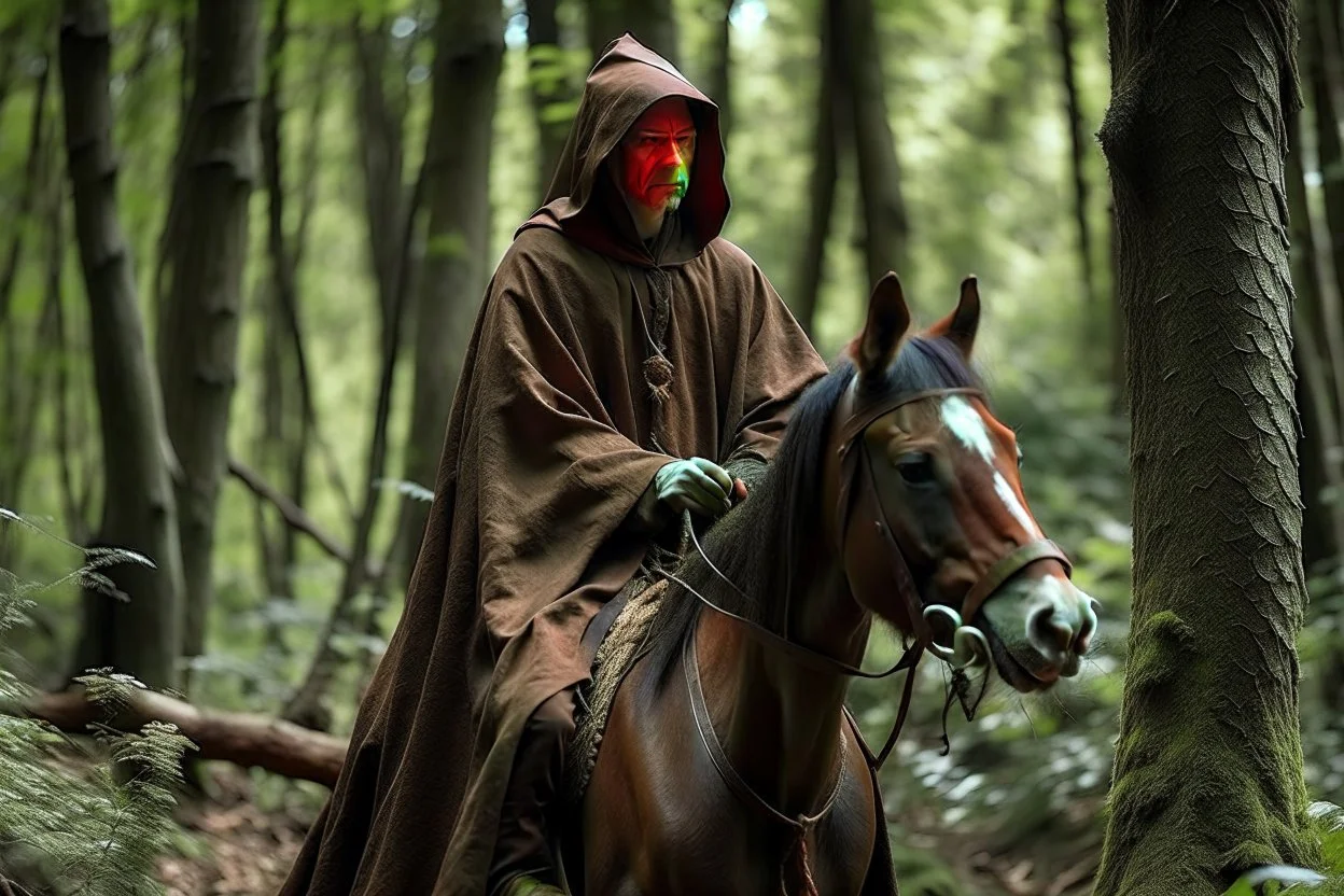 hooded monk on horseback in the forest