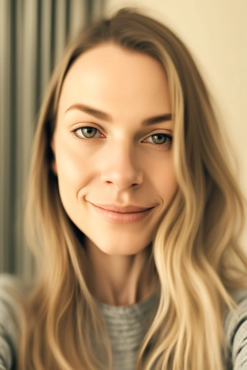 A selfie of a woman, middle blond hair, showing a 31-year-old European woman. She has brown hair, face without makeup, cute nose, detailed full lips, skin texture. Natural lighting and low contrast. Face framed.