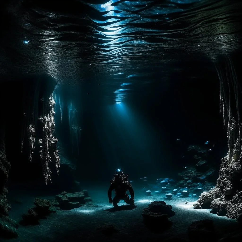 underwater images in a deep dark icy cave