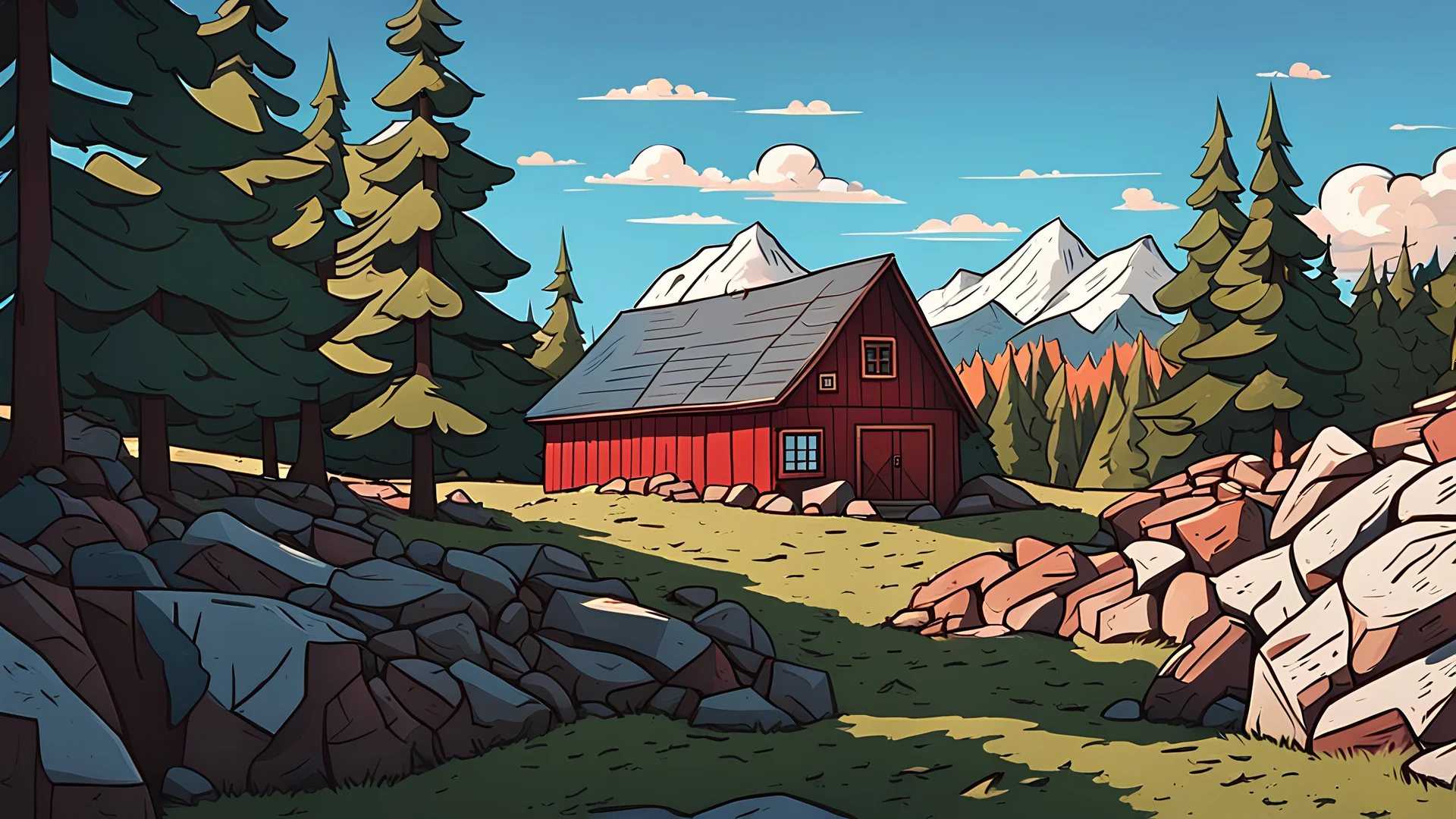 modern cartoon style like gravity falls of a red barn with a blue sky and the sun and clouds with mountain in the background