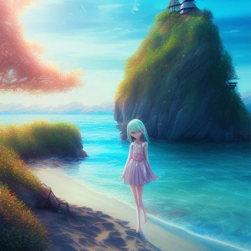 Little girl day, sunny, relaxing, sea, trees, real details anime style, realistic, glowing beach