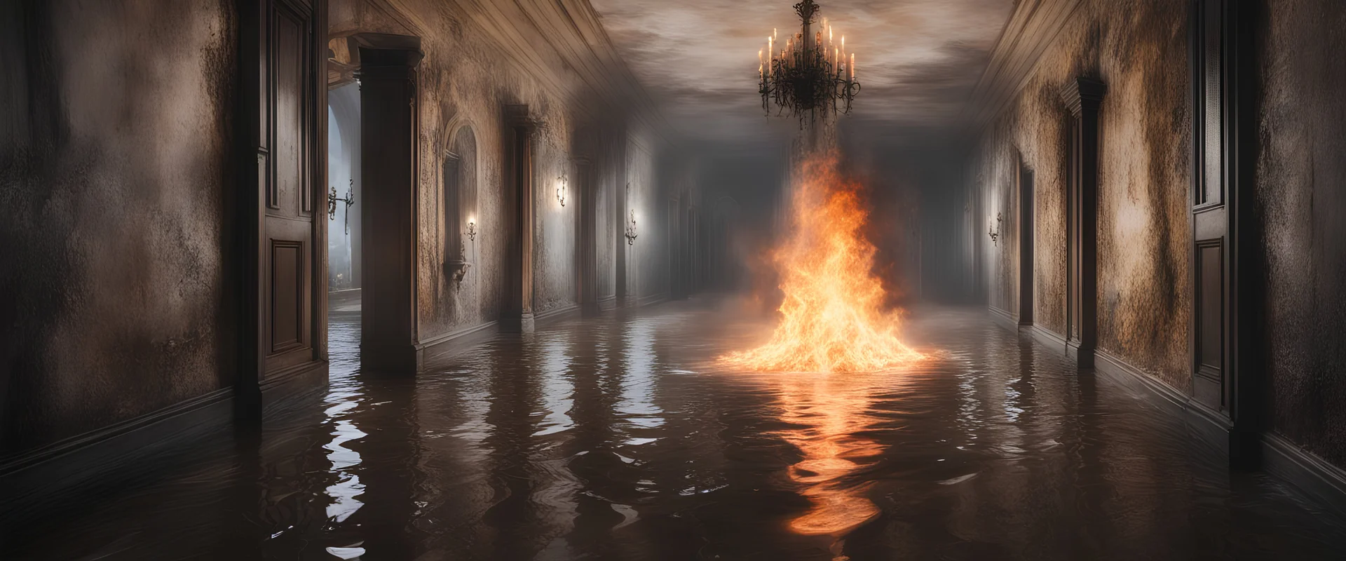 Hyper Realistic flood water inside a haunted hallway of a huge castle with flame torches on wall & spider cobwebs