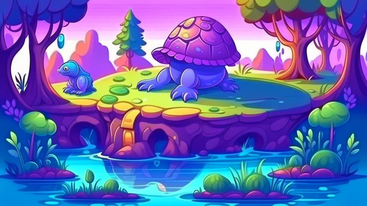 Fantasy cartoon illustration: Near a pond there is a cute purple turtle's house.