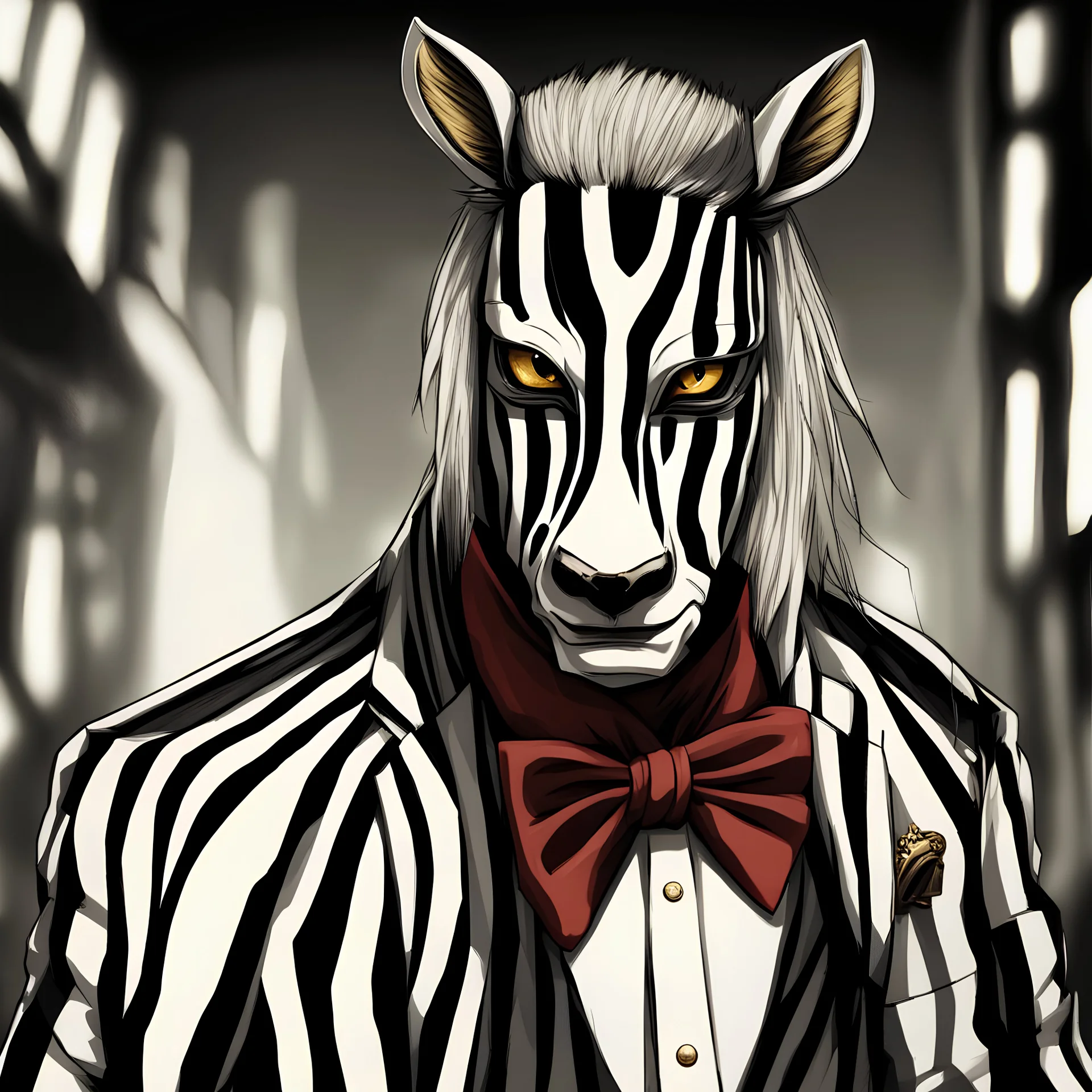 portrait of my imaginary character named Sr. Zebra a.k.a. Yusuf Ameer, ‘Aeera’s evil eldest brother. Sr. Zebra is a supervillain and criminal, and works for the mafia, wears a killer bloody zebra mask and striped black and white and golden suit