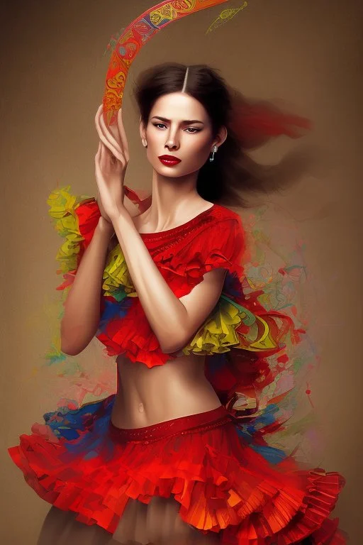 A lively portrait of a flamenco dancer, passionately performing in a vibrant, flowing dress, with the rhythm of castanets and the strumming of Spanish guitars in the air.