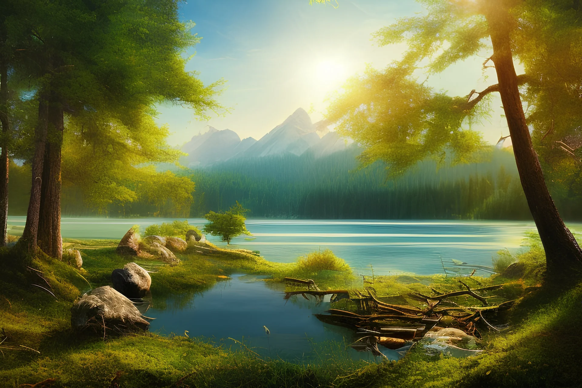 lake beach, forest, mountains, summer sunshine