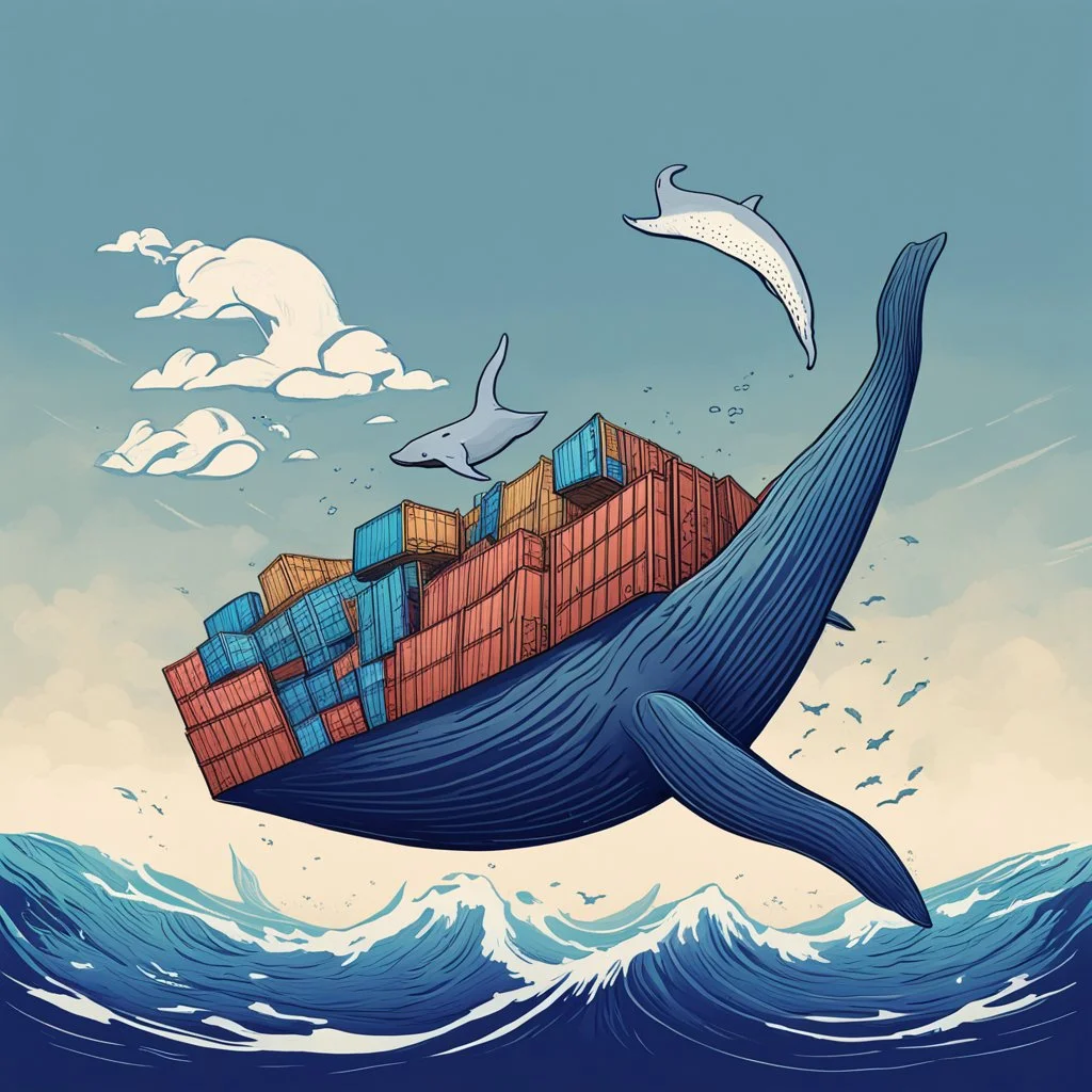 A whale carrying shipping containers on its back ,in the ocean. Digital Art, Digital Drawing