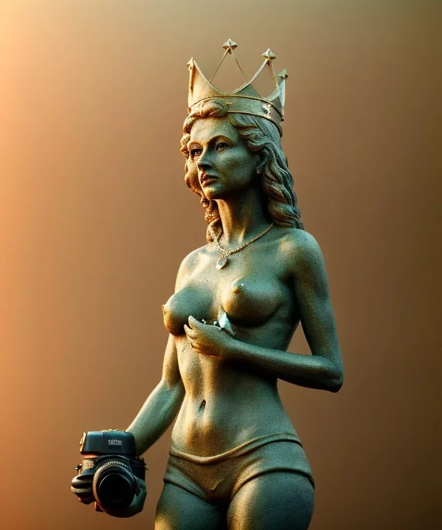 Statue of Queen of photography holding camera in hands. Cute blonde woman. Photographer in golden crown. Standing on the street. Big camera in her hand. hyperdetailed, photorealistic, trending on artstation, greg rutkowski, beksinski, kodachrome, volumetric lighting, gold and cyan