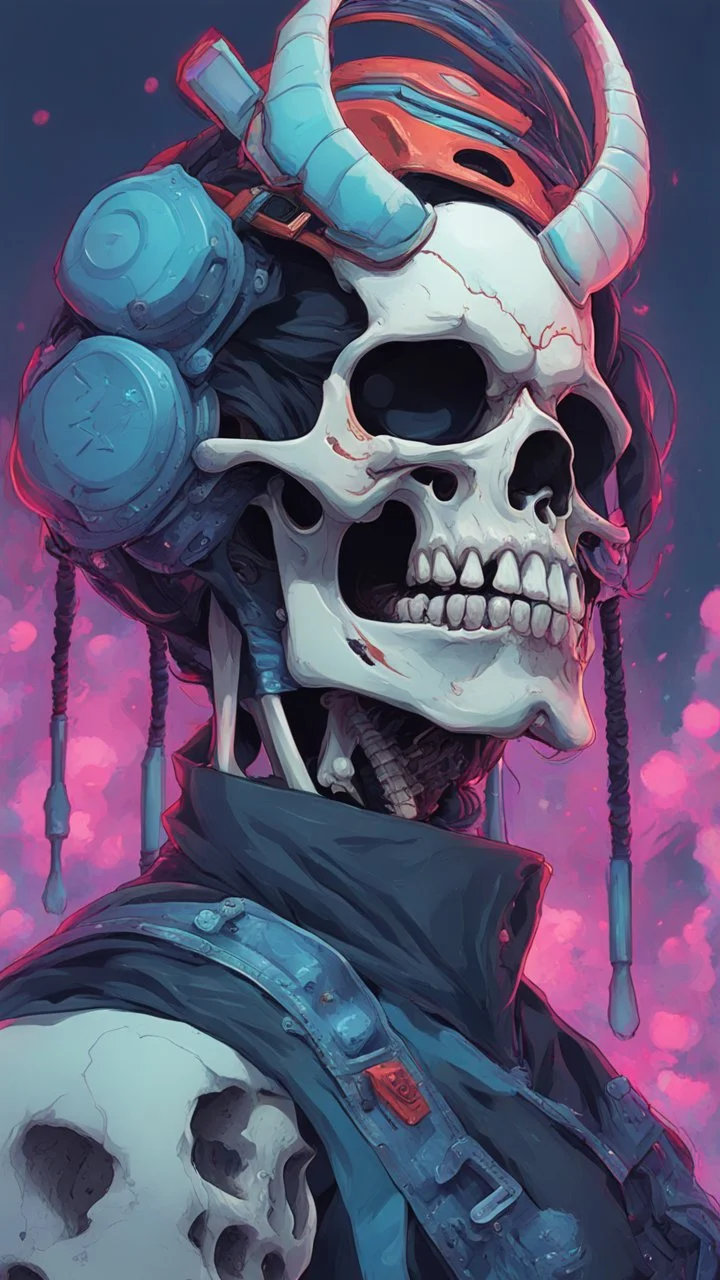 a close up of a person with a skull on their head, blue and black colors, anime skull portrait man, scary detailed art in color, hiroyuki-mitsume takahashi, nychos art aesthetic, half man half skeleton, anime cyberpunk art, colored manga art, rossdraws pastel vibrant, hot colors. insanely detailed, beautiful anime portrait, stunning anime face portrait, scary art in color