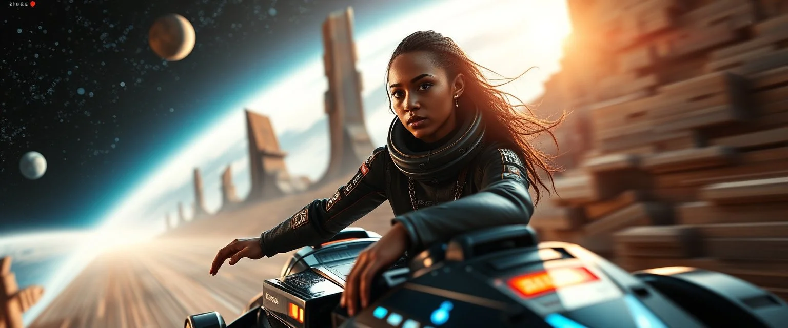 portrait, space race on mega vehicle, From the shadows, they rise, with a spark in their eyes, Ethereal echoes of a world we once knew, With the glam and the glamor, we reach for the skies, Cosmic rhythms pull us through, [Chorus] Suti came for our world, with the power to ignite, Dancing through the stars, we find our light. motion blurred background of ancient space ruins