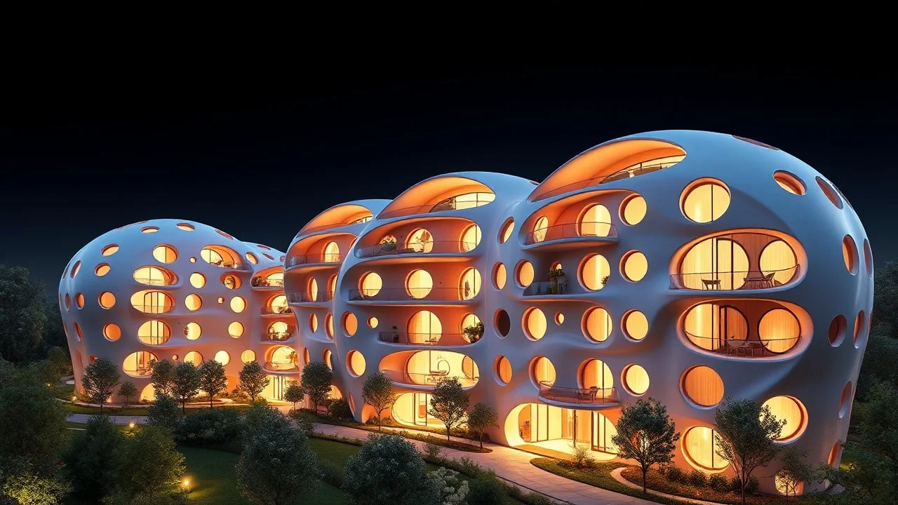 A futuristic residential complex designed with smooth, flowing curves inspired by natural forms. The buildings are constructed from innovative, translucent coloured materials that allow for ample natural light and feature numerous round windows arranged in organic patterns. Award-winning photograph, beautiful composition, exquisite detail and illumination