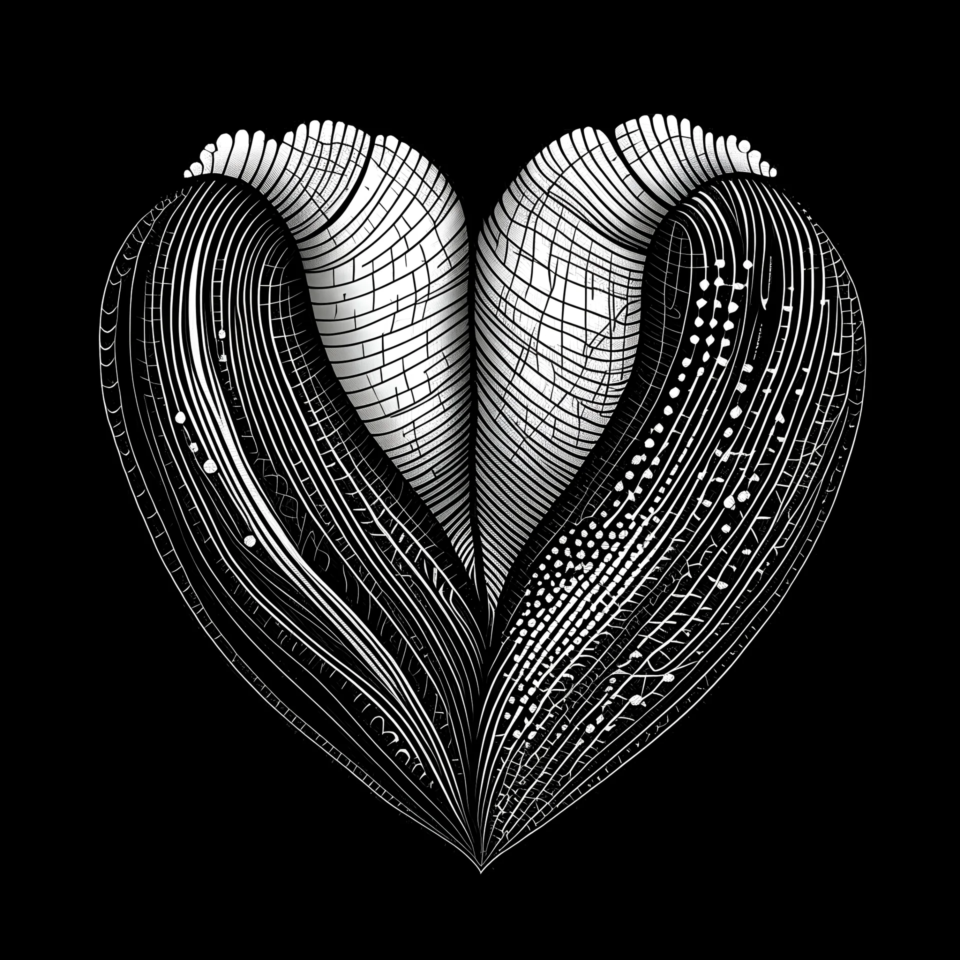 A shell in a shape of a heart, black and white with line art, no blur, no grayscale, no black backdrop, accurate image