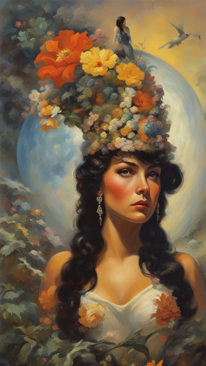 beutifull girl ,mugshot, Planet of the Vulcans, multicolored, large, floral designs, atmospheric, beautiful, oil painting by Frank Frazetta, 4k UHD, Photorealistic, professional quality