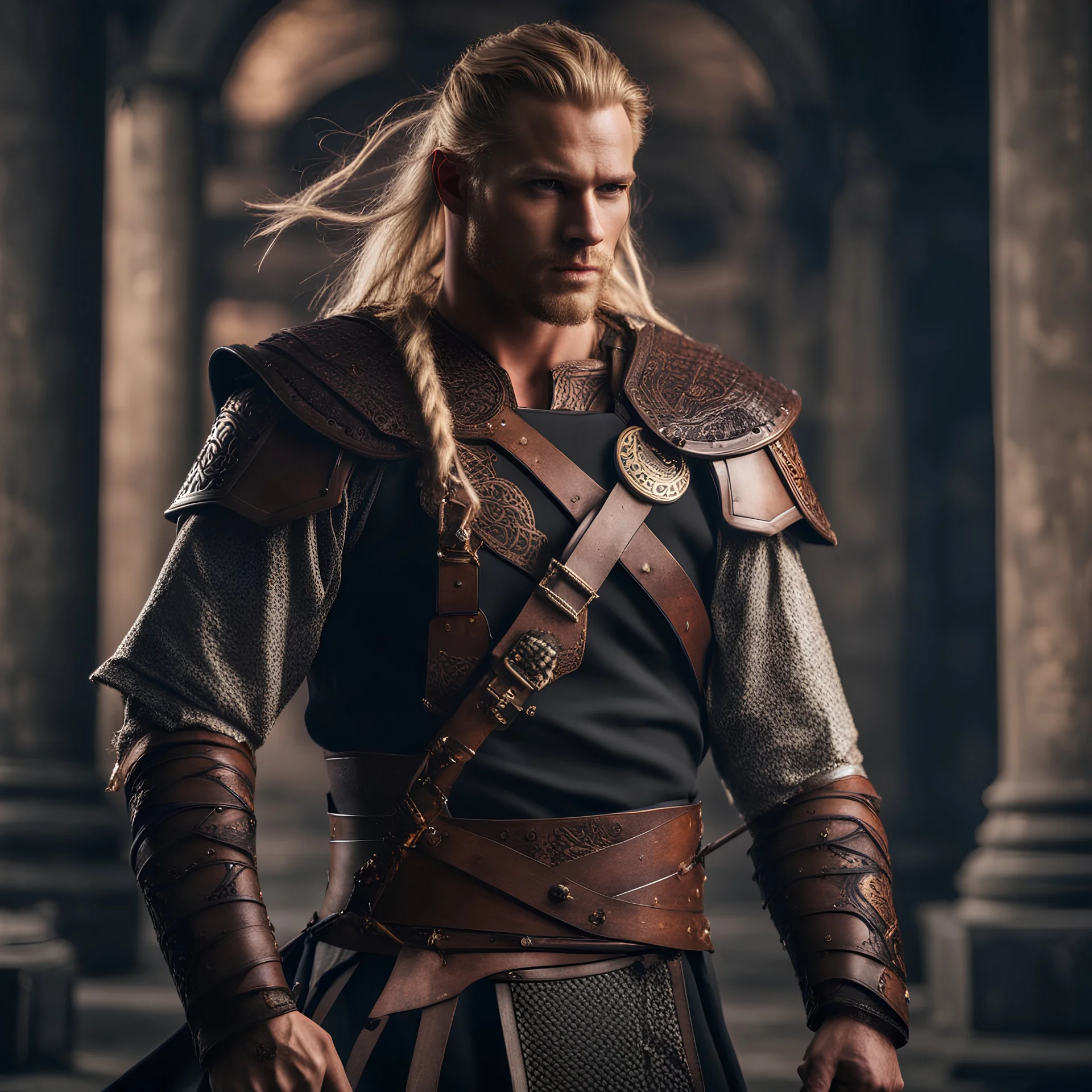 stunningly handsome viking warrior king, muscular, long blonde hair, male age 30, wearing a dark suit, tan skin, tattoos,photorealistic 4k