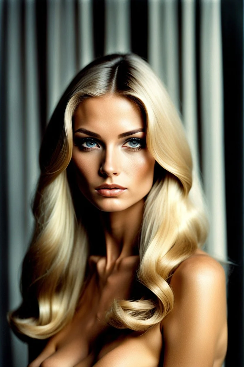 1972: portrait, beauty nude female supermodel, longer blonde hair, beautiful face, beautiful skin, realistic analog photography, middle parting, beautiful like a supermodel from the sixties, beautiful rounder face