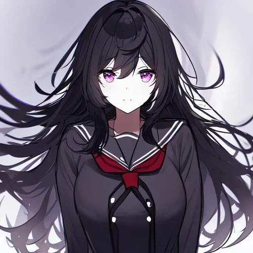 Clear focus, High resolution, rough line sketch art, long black hair, hair between eyes, fluffy hair, purple eyes, wearing a black and red sailor uniform, dark aura, 1girl