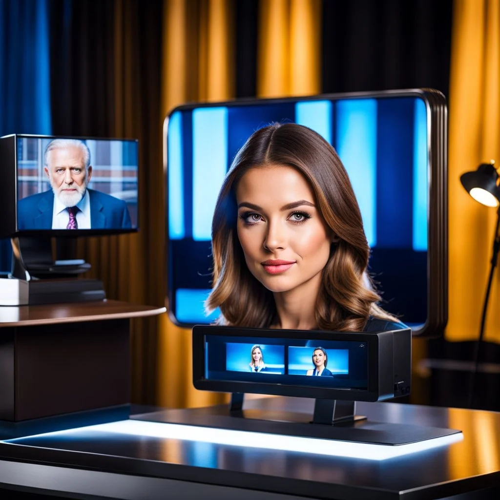amodern tv studio a beautiful girl perfect face sitting next to desk in talk show looking at camera, with picture of an old man in tv screen at background