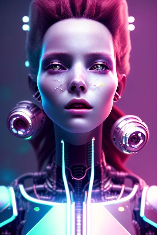 cyberpunk, head, robot, portrai, alone, high key lighting, volumetric light high details with white stripes and blue eye, smiling with plump pink lips, unreal engine petit prince belle fine, profil de trois quart, cristalline