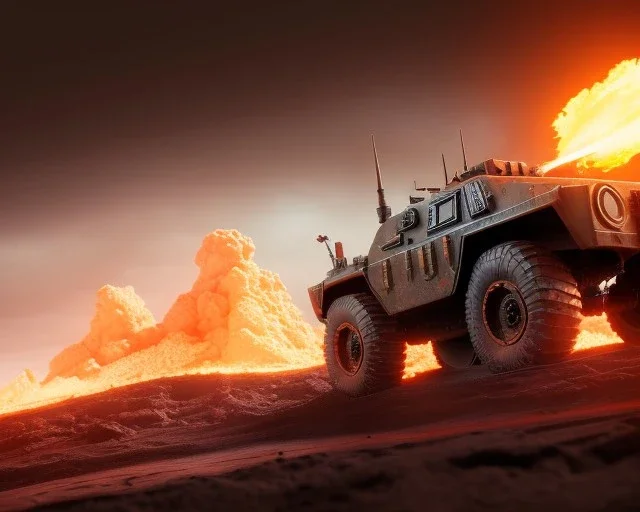 wide angle of Gi joe driving A lunar armored rover with tracks and claw and orange, troops, big Erupting volcanoes, White headlights on