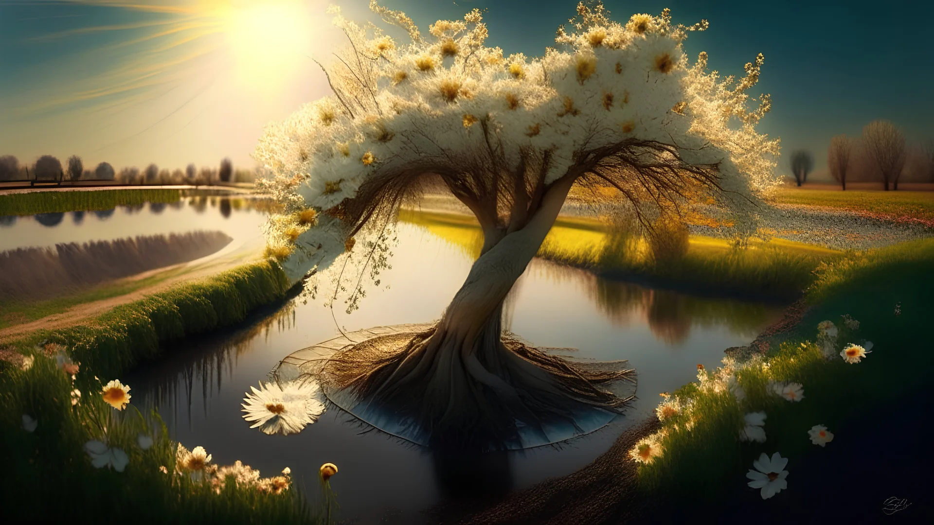 flowe,yallow,sun,rever,tree