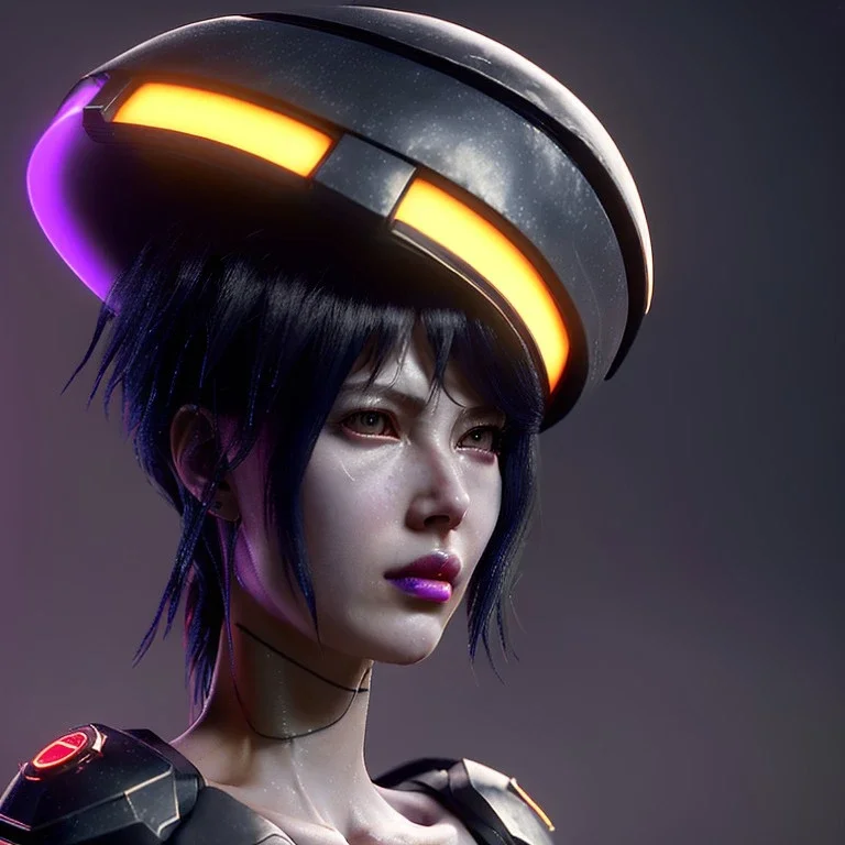 Ghost in the shell style, pretty cyber woman, futuristic, rounded face, blood, black, gold, brown, samurai dress, decorative color feathers, simetric, circuits, neon style, a lot of led lights, fog, rain, vibrant color, highly detailed, art stations, concept art, smooth, unreal engine 5, god rays, ray tracing, RTX, lumen lighting, ultra detail, volumetric lighting, 3d, finely drawn, high definition, high resolution.