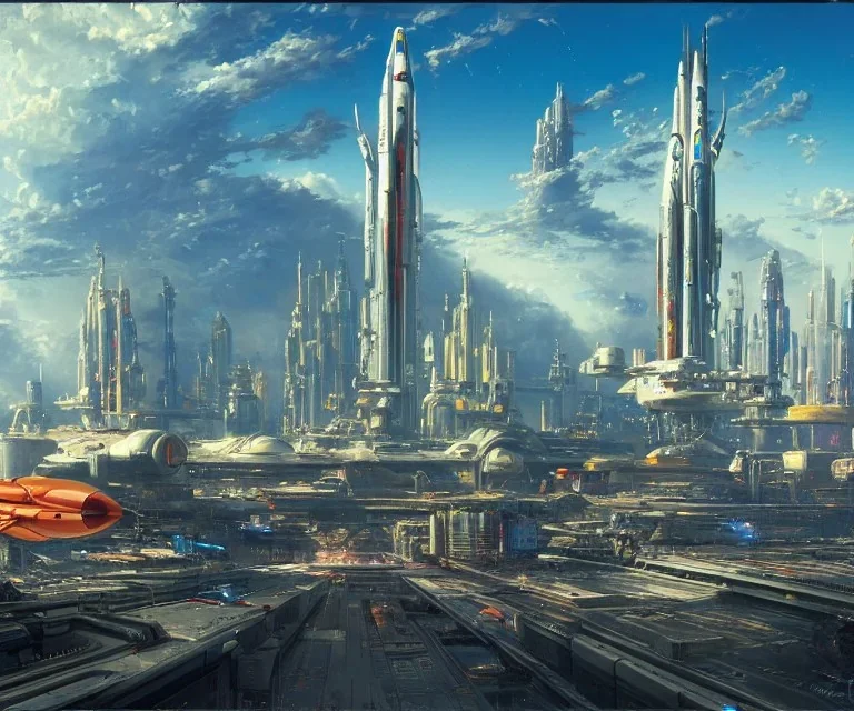 Spaceport on a heavy industrialized planet with a vibrant city in the background and a starting realistic spaceship in the foreground, art by John Berkey, buildings with glass facades, Brutalität architecture, insanely detailed, vibrant, 8k uhd, cinematic atmosphere, ultra-wide angle, street level view, brush strokes, blue sky with clouds, sharp focus