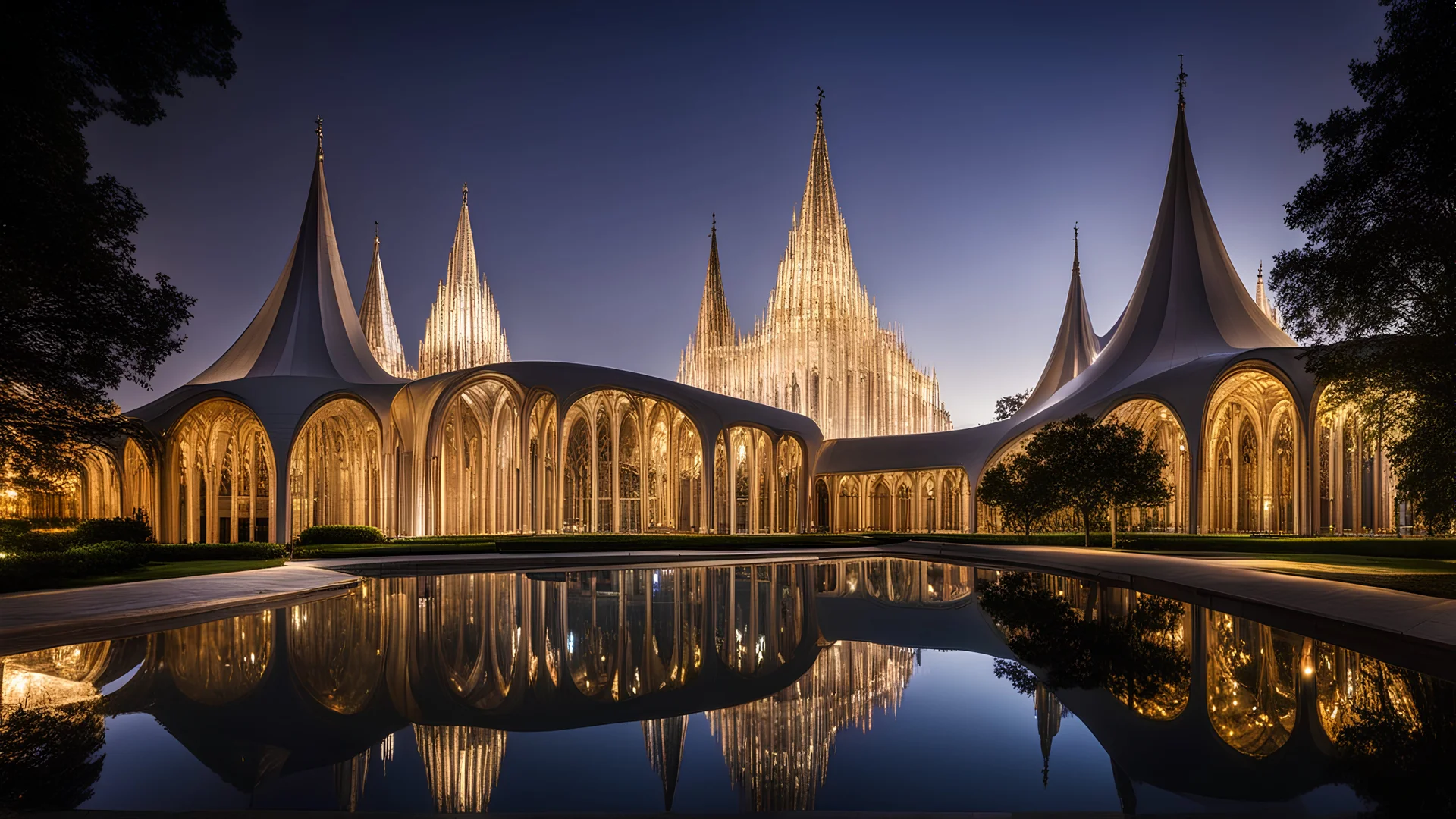 2100, delightful, sensitive, confident, undulating sinusoidal cathedral with pointed hyperbolic roofs, delicate, night, darkness, water features, exquisite architecture, innovative design, award-winning photograph, beautiful composition, filled with beautiful detail, delicate colour, chiaroscuro