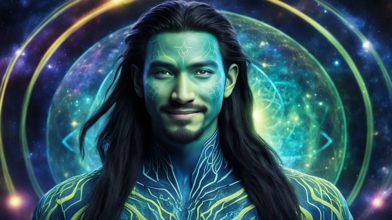 beautiful gorgeous young man na'vi with long hair, Avatar, blue skin, two small ears, green eyes, black hair, in cosmic suit, galactic ambiance, medium pointy goatee , smiling, nebulas and sacred geometry light figures on the backgroud,