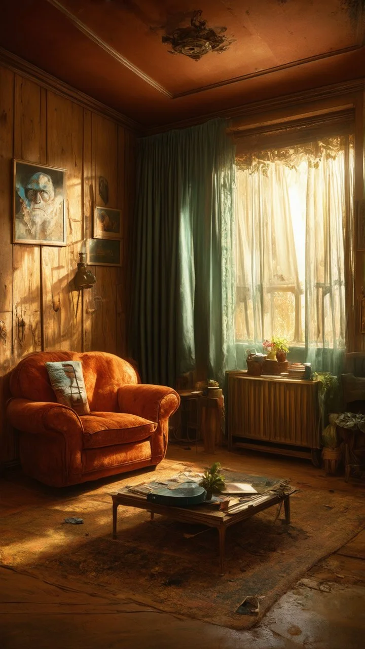 Very old stuff in a room, wide angle view, nostalgia, '50 style, hyperrealistic rendering, Max Ernst