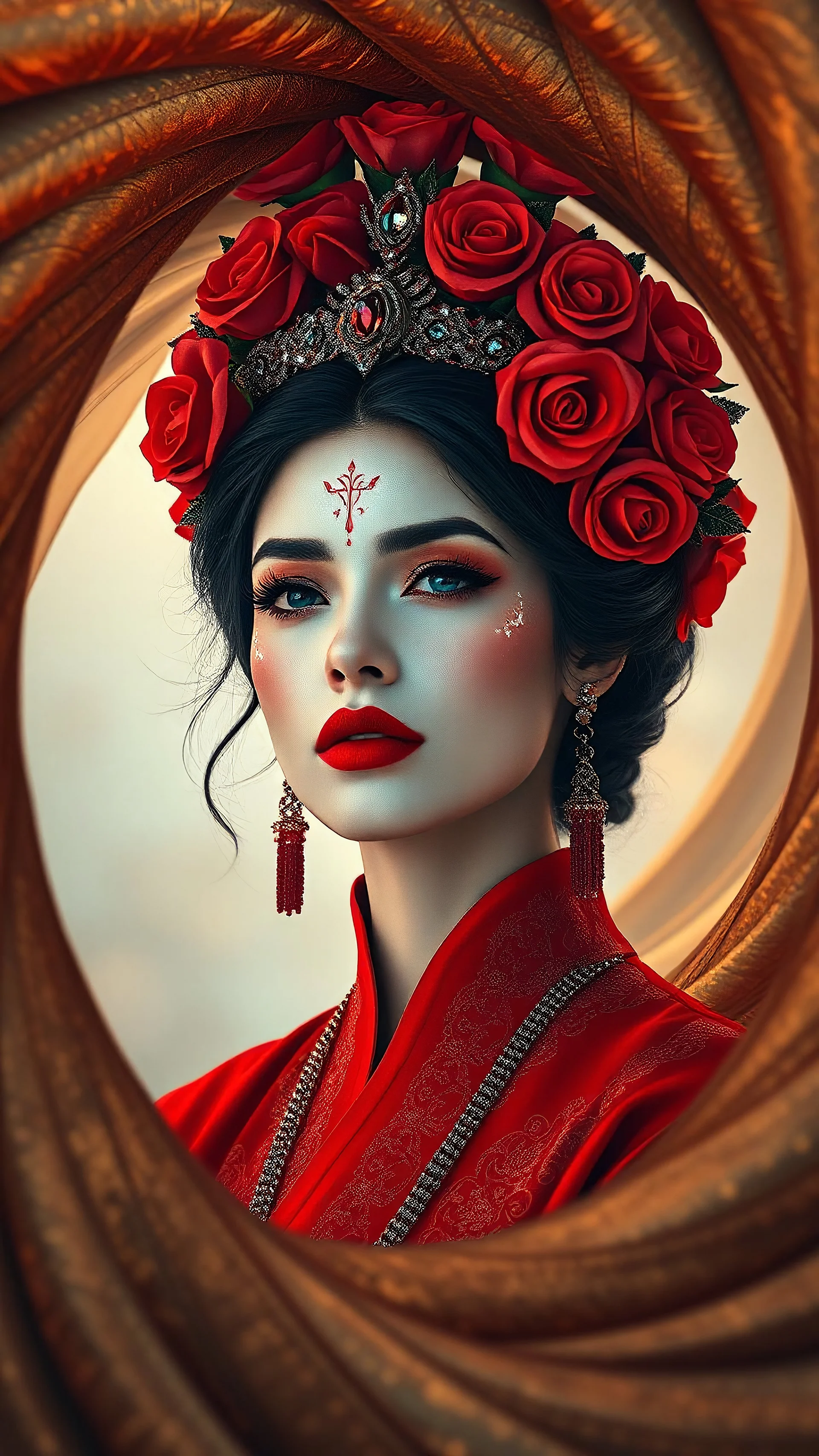 surreal top up view A woman with a traditional appearance gazes contemplatively from within a swirling portal vortex. She wears a vivid red garment adorned with intricate patterns, complementing her vivid red lipstick and dramatic makeup. Her head is crowned with a wreath of red roses and jewels, while her white face paint adds an ethereal quality. The background features gold dark, textured layers that create a sense of depth, with soft, muted colors highlight reflecting a dawning light. Add so