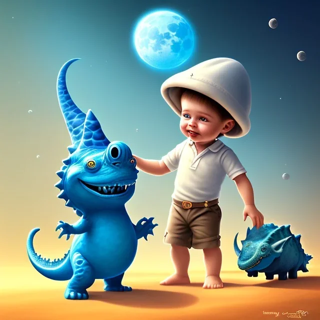 1yo little szymon is on safari onthe moon. petting a blue dinosaur. he has big binoculars and a funny hat. High detailed. Cinematic. Digital painting. Warm lights.