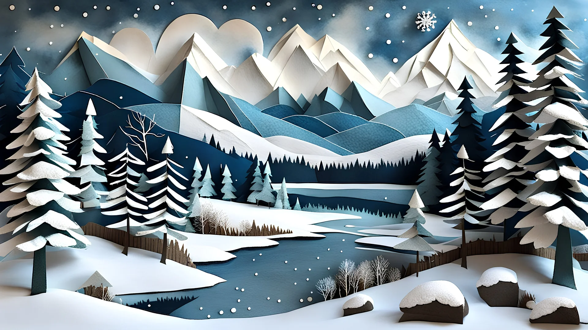 Papier Mache, paper craft, muted color, a magical winter landscape with a lakeshore