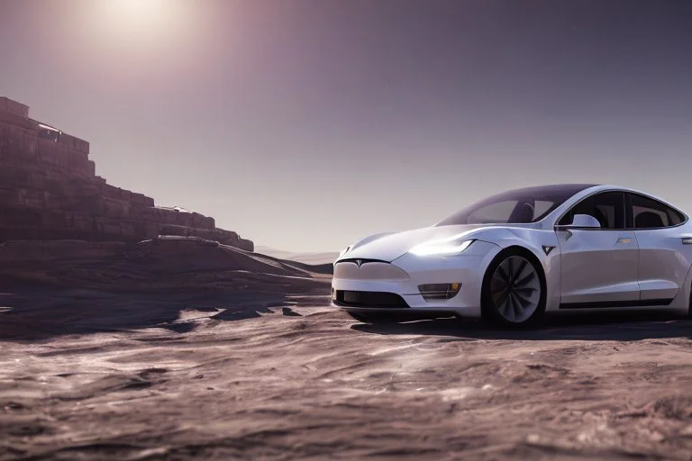 A Tesla 'Model S' is parked, within the trench of the Death Star. (CINEMATIC, WIDE ANGLE LENS, PHOTO REAL)