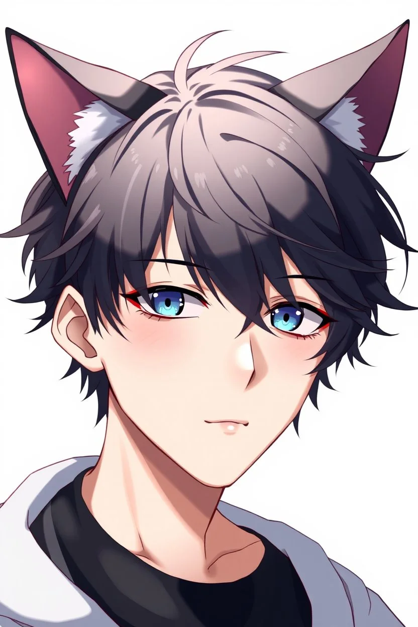 A young man with messy black hair, black cat ears on his head, blue eyes. Illustration