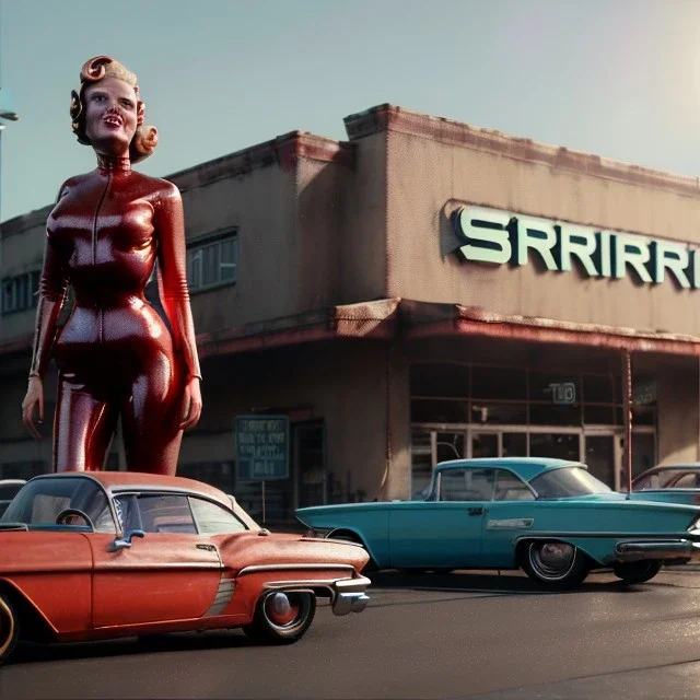 Ultra Realistic retro sci-fi movie Supermarket parking people scene, 1960 year, waist up view portrait, 1 blonde women and 1 octopus alien, sweet scarlet Johansson face, perfect iris, glow eyes, face makeup, tight latex coat. many people looking, Retro sci-fi style, soft color, highly detailed, unreal engine 5, ray tracing, RTX, lumen lighting, ultra detail, volumetric lighting, 3d, finely drawn, high definition, high resolution.