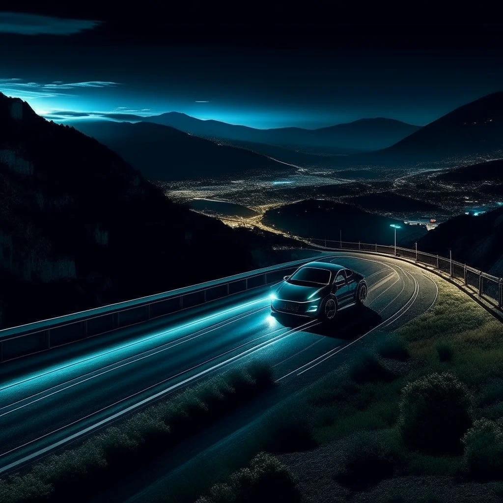 night time, a beautiful car on a mountain road, a glowing city in the distance, photo quality