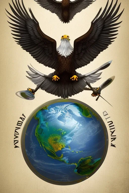 Eagle is flying in the space and is holding the earth in his claws.