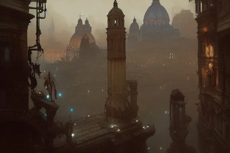 Rome mixed new york +steampunk+biopunk+alphonse mucha, greg rutkowski,matte painting, cryengine, hyper detailed, felix kelly, fantasy art, seb mckinnon