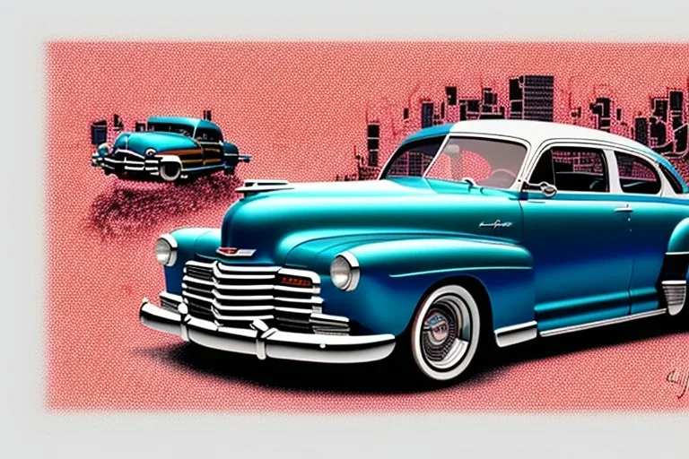 a true-to-life 1948 Chevrolet Fleetline, centered, intricate, extreme detailed, photorealism, center view, city background, pivot on chevrolet, pen and color marker painting by cheryl kelley