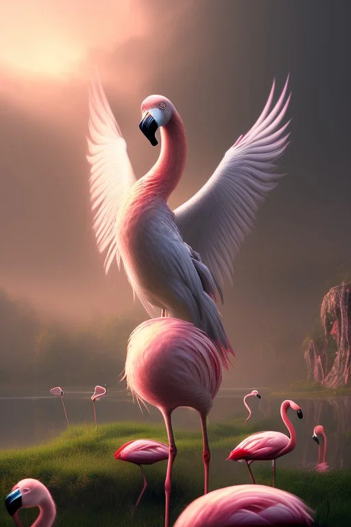 jesus as a flamingo, volumetric fog, 4k, trending art, depth of field, radiosity