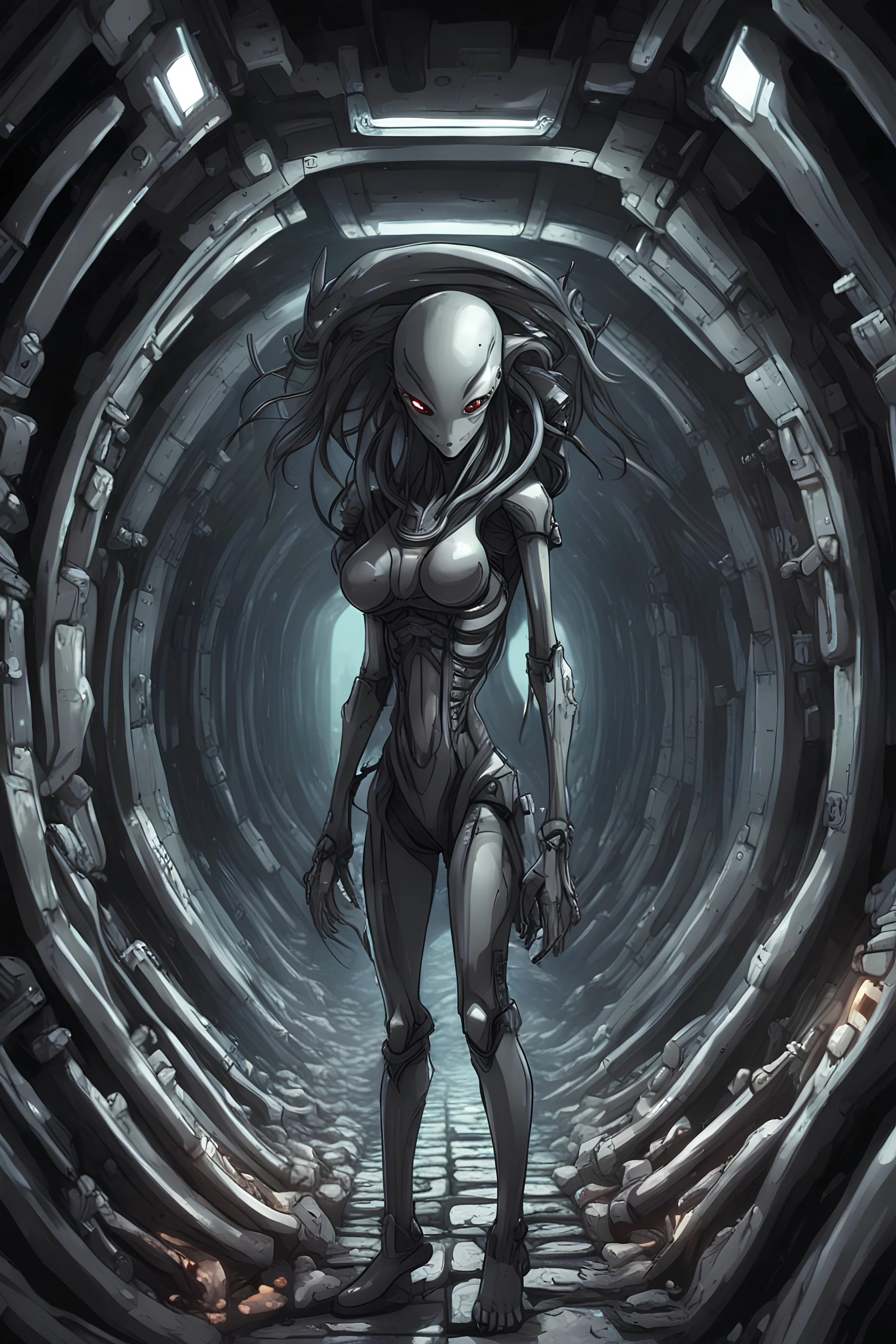 Anime girl crushed inside claustrophobic really in Biomechanoid xenomorphic tunnel.