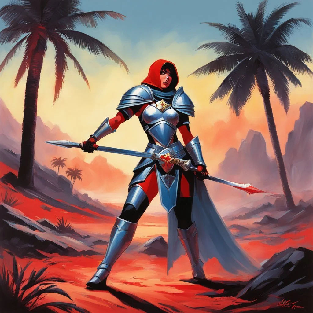 [art by Steve Rude] bloody Templar of the Oath of Silence on the battlefield with her mace and palmtree crab armour