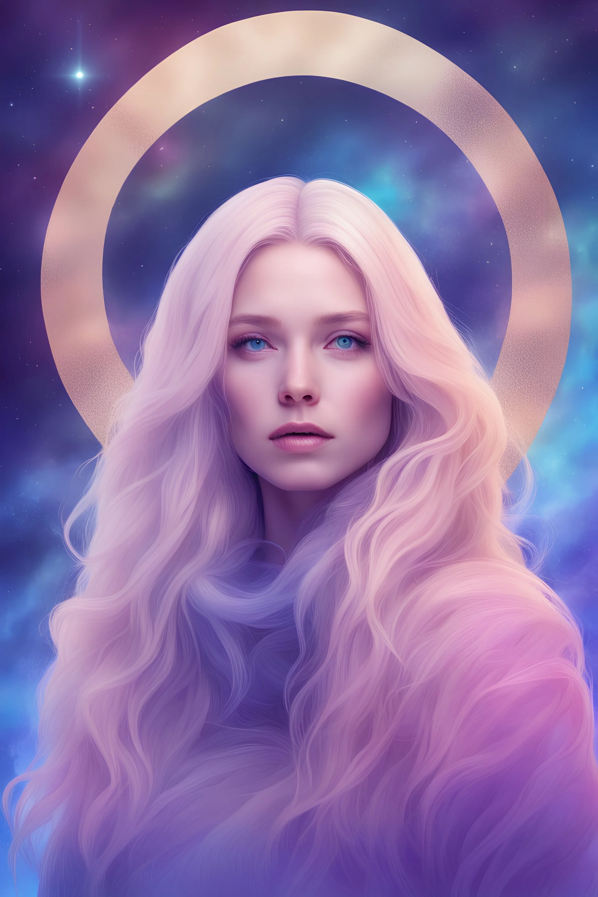beautiful cosmic traveller woman, blonde hair, blue, purple, pink, gold, light aurora background