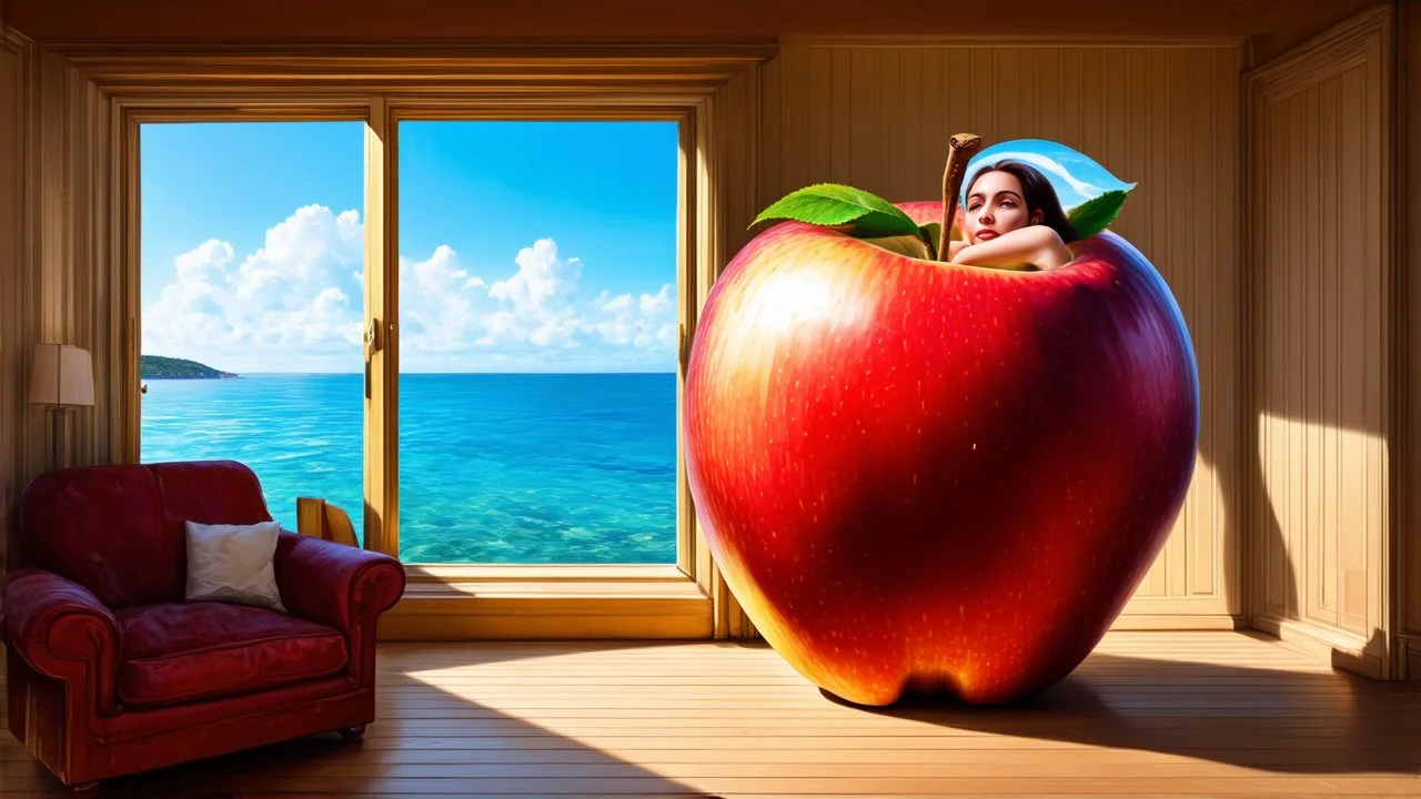 A surreal painting depicts a giant apple with a woman inside, occupying almost an entire room. The room has a window overlooking a calm blue sea.