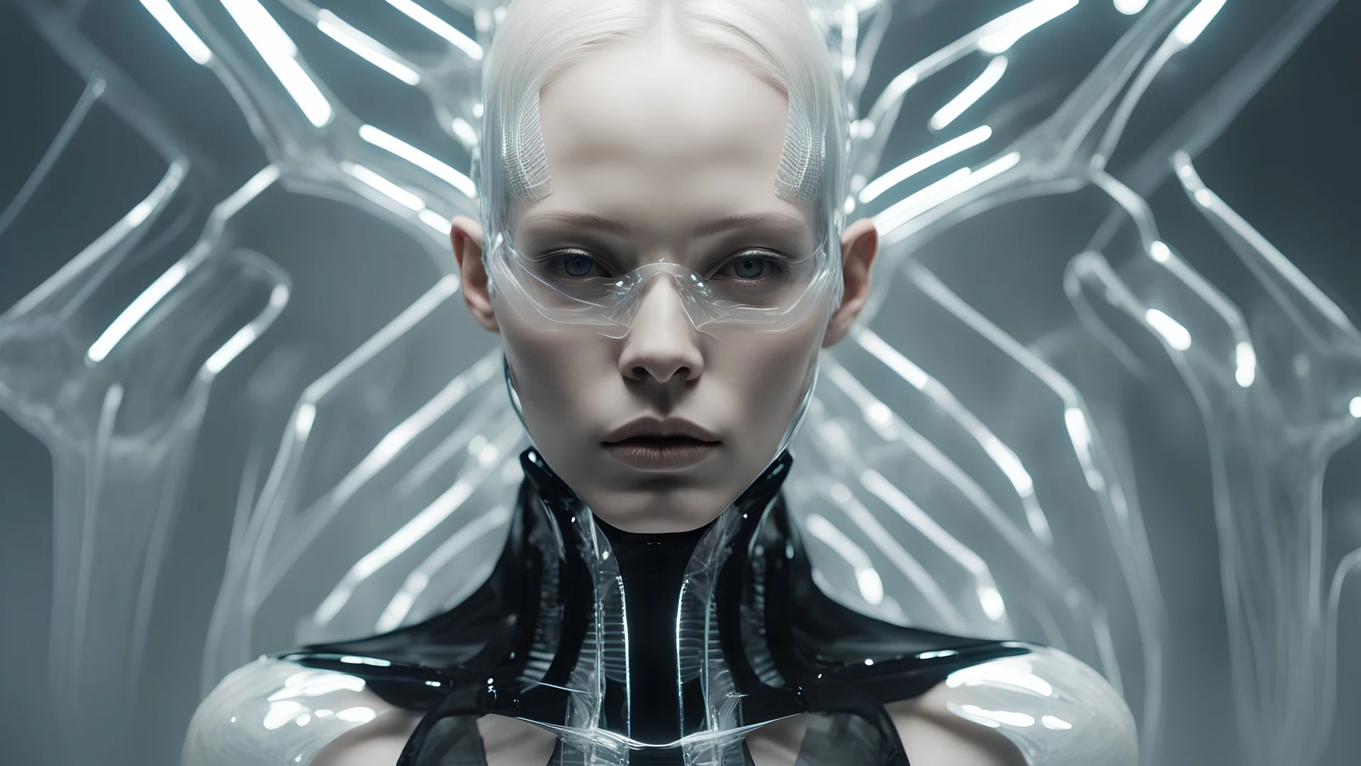 cinematic photo, a gorgeous transparent alien albino reptile fashion model, futuristic transparent harness bodysuit portrait, by Denis Villeneuve, black transparent fashion outfit by Demna Gvasalia, transparent stingray fins cyberpunk visor , transparent symmetrical reptilian face patterns, minimal design, symmetrical, very detailed, close up, horror, 35mm, photography, dark black color palette, cyberpunk