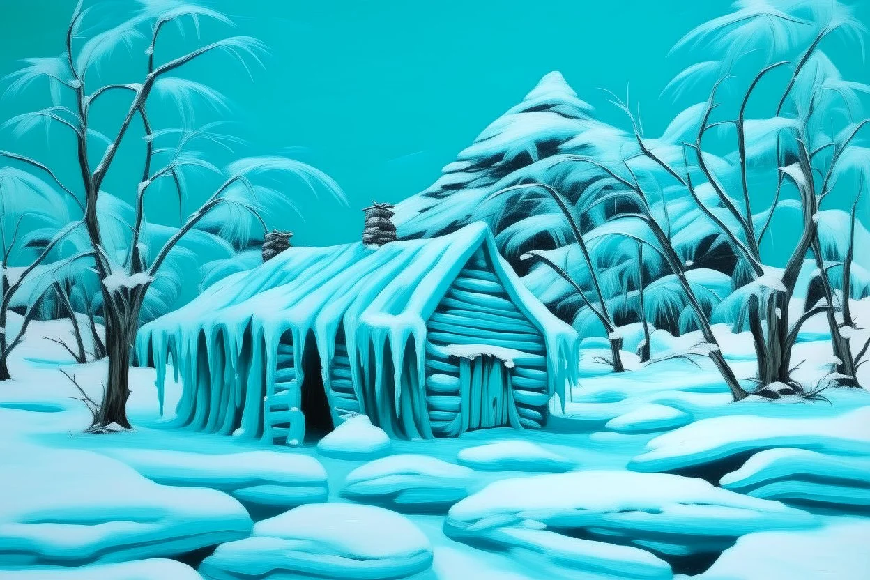 A cyan snowfield with a frozen cabin designed in Navajo baskets painted by Lucas van Leyden