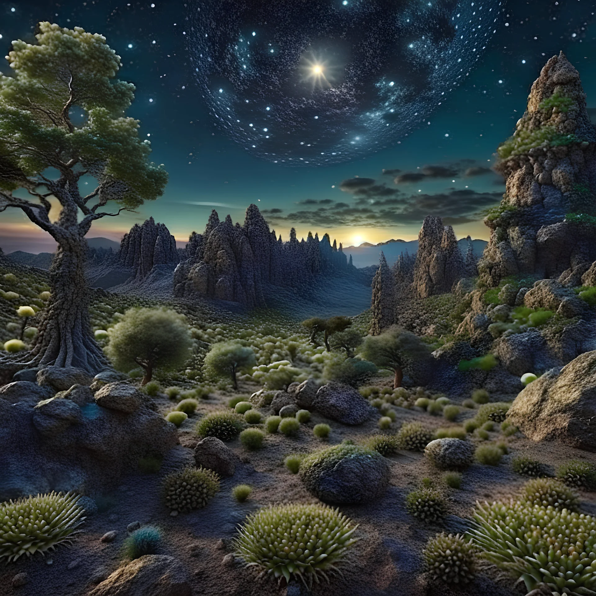 Creepy landscape, stars, planets, trees, rock formations, very detailed, 8k, 3d, intricate, ornate, odd